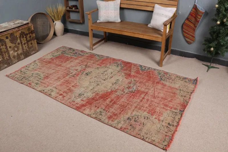 Kırmızı ve Yeşil Halı, 3,9x8,7 ft Geometrik Çiçek Desenli