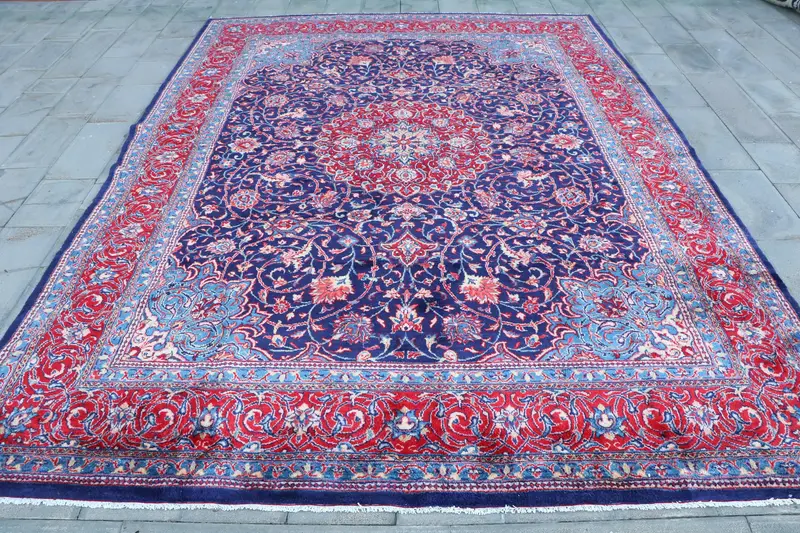 9.8x13.2 ft Vintage Rug, Turkish Oversize Rug, Blue Red Plants & trees Rug - 1