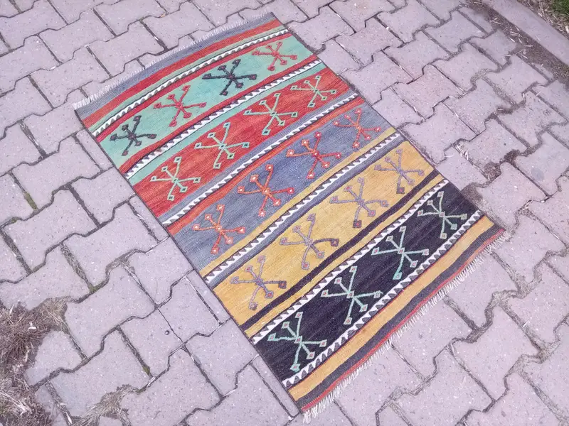 Yeşil & Mavi Çizgili Halı, 2,58x3,67 ft Benzersiz Tasarım