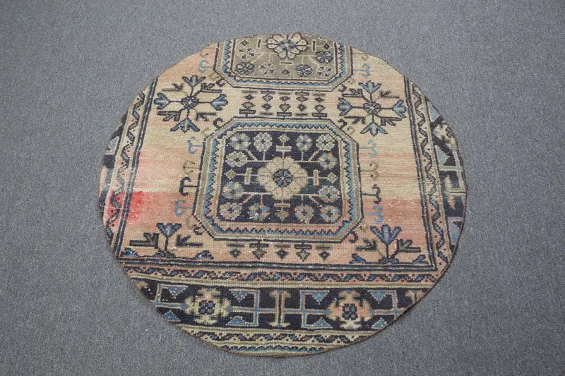 Vintage 3.5x3.5 ft Yuvarlak Halı, Türk Halısı, Oushak Mavi Ombré Halı - 1