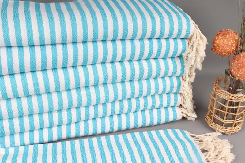 Bath Towel Turquoise Striped Organic Cotton, 40x76 Inches
