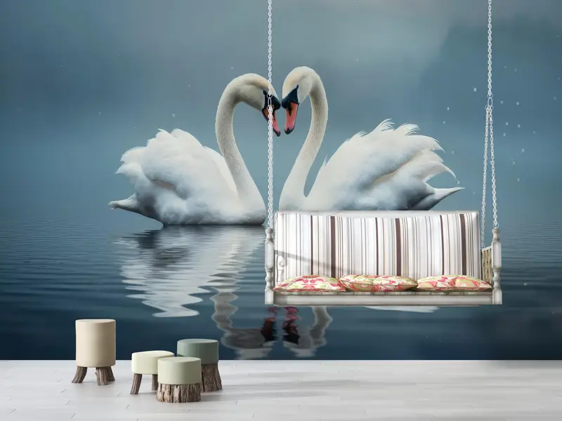 Two Swans Wall Paper, Animal Wall Stickers, Swans In Love Wall Art, Love Wall Mural, Self Adhesive Paper, Paper Wall Art, - 3
