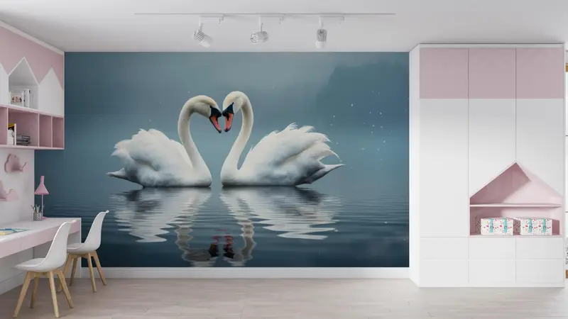 Two Swans Wall Paper, Animal Wall Stickers, Swans In Love Wall Art, Love Wall Mural, Self Adhesive Paper, Paper Wall Art, - 2