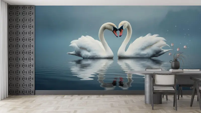 Two Swans Wall Paper, Animal Wall Stickers, Swans In Love Wall Art, Love Wall Mural, Self Adhesive Paper, Paper Wall Art, - 1