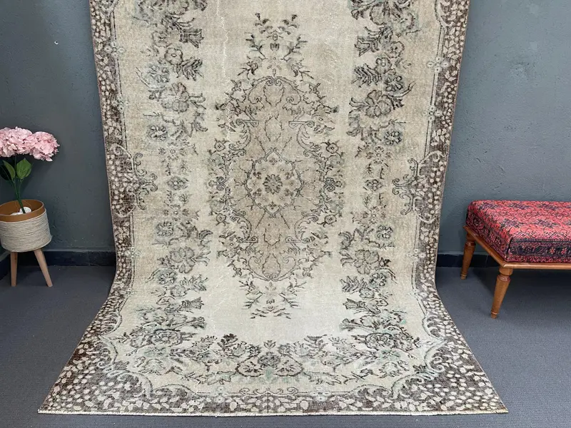 Türkischer 5,6x8,9 ft großer Teppich, Vintage Teppich, Oushak Grüner Massiver Teppich - 1