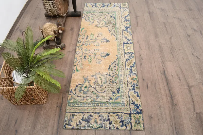 Vintage Rug, 2.1x5.9 ft Runner Turkish Rug, Oushak Blue Green Ombré Rug - 1
