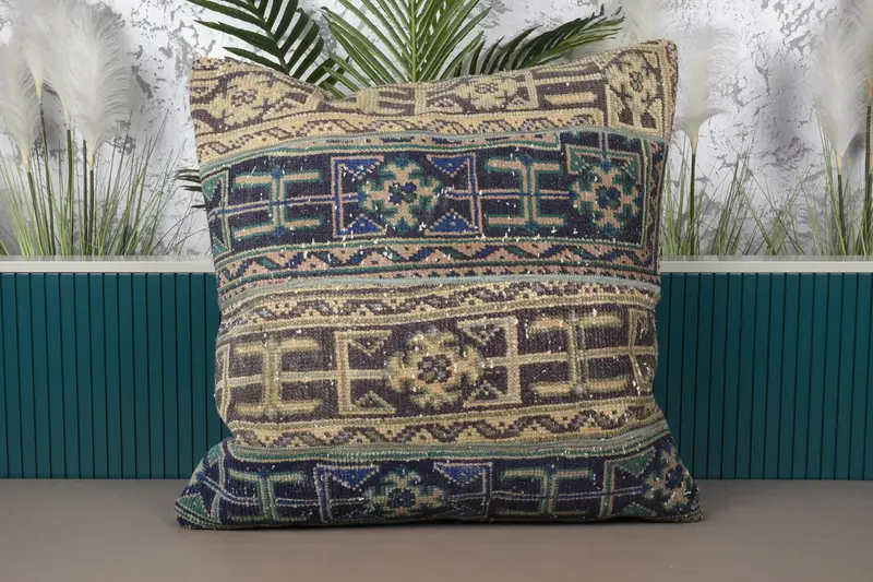 Blaues und braunes Patchwork-Wurfkissen, handgefertigtes besticktes Kissen