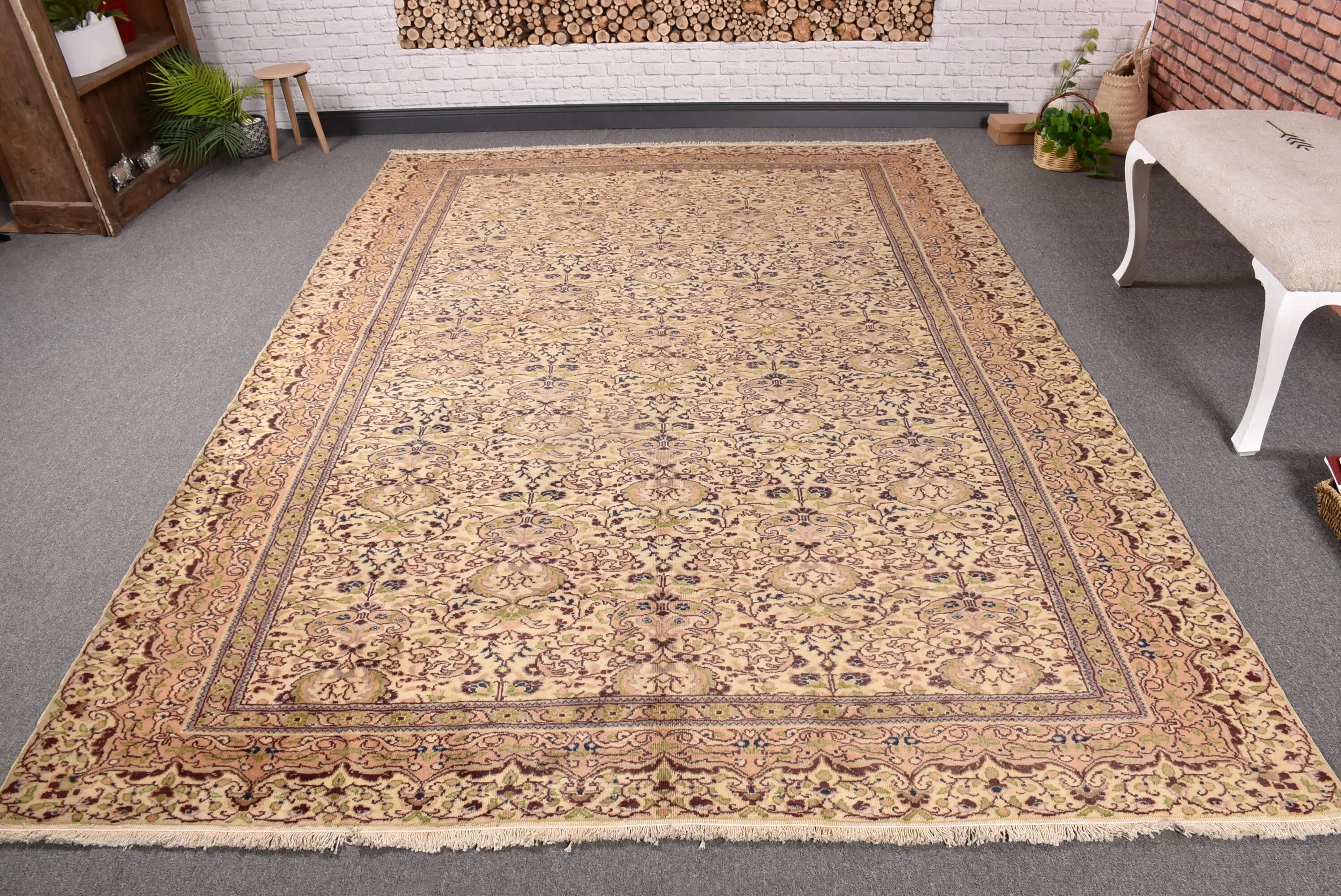 Türk 6.5x9.5 ft Halı, Büyük Vintage Halı, Kahverengi Mavi Çizgili Halı - 1