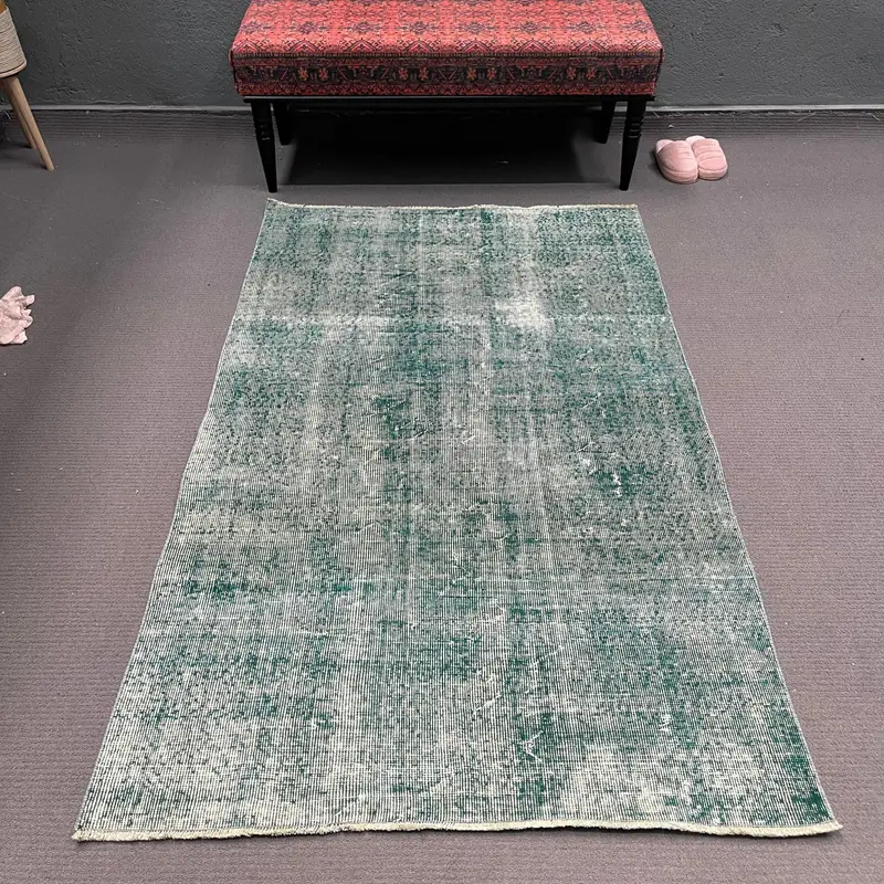 Turkish Vintage Rug, 3.8x6.2 ft Accent Rug, Green White Bordered Rug - 1
