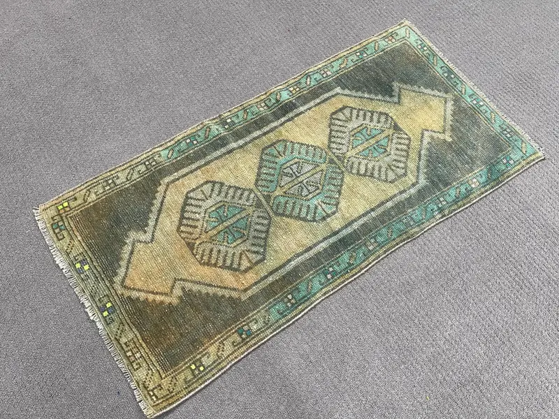 Türk Vintage Oushak Halı 1.6x3.2 ft, Yeşil Küçük Yün Halı - 1