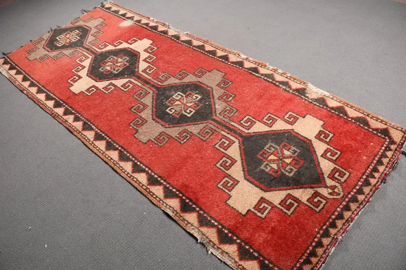 Vintage Oushak Area Rug 3.6x8.4 ft (111x255 cm), Turkish Red Floral Rug - 1