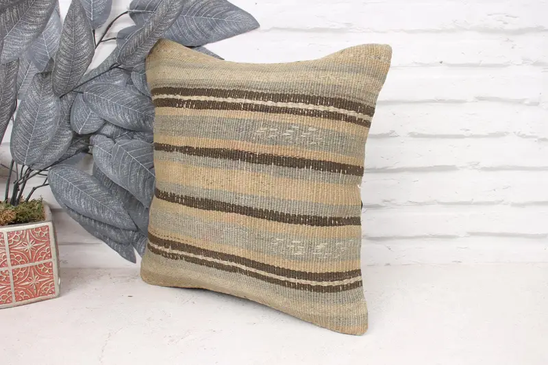14x14 Beige Pillow Cover, Throw Kilim Pillow, Muted Cushion Case, Turkish Pillow, Muted Pillow Case, Kilim Cushion Sham, Pillow, Retro Pillow - 4