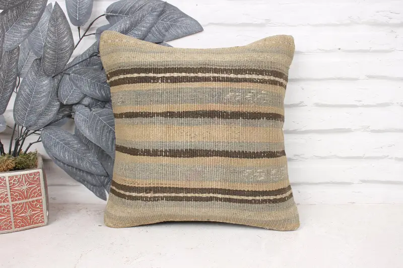14x14 Beige Pillow Cover, Throw Kilim Pillow, Muted Cushion Case, Turkish Pillow, Muted Pillow Case, Kilim Cushion Sham, Pillow, Retro Pillow - 1