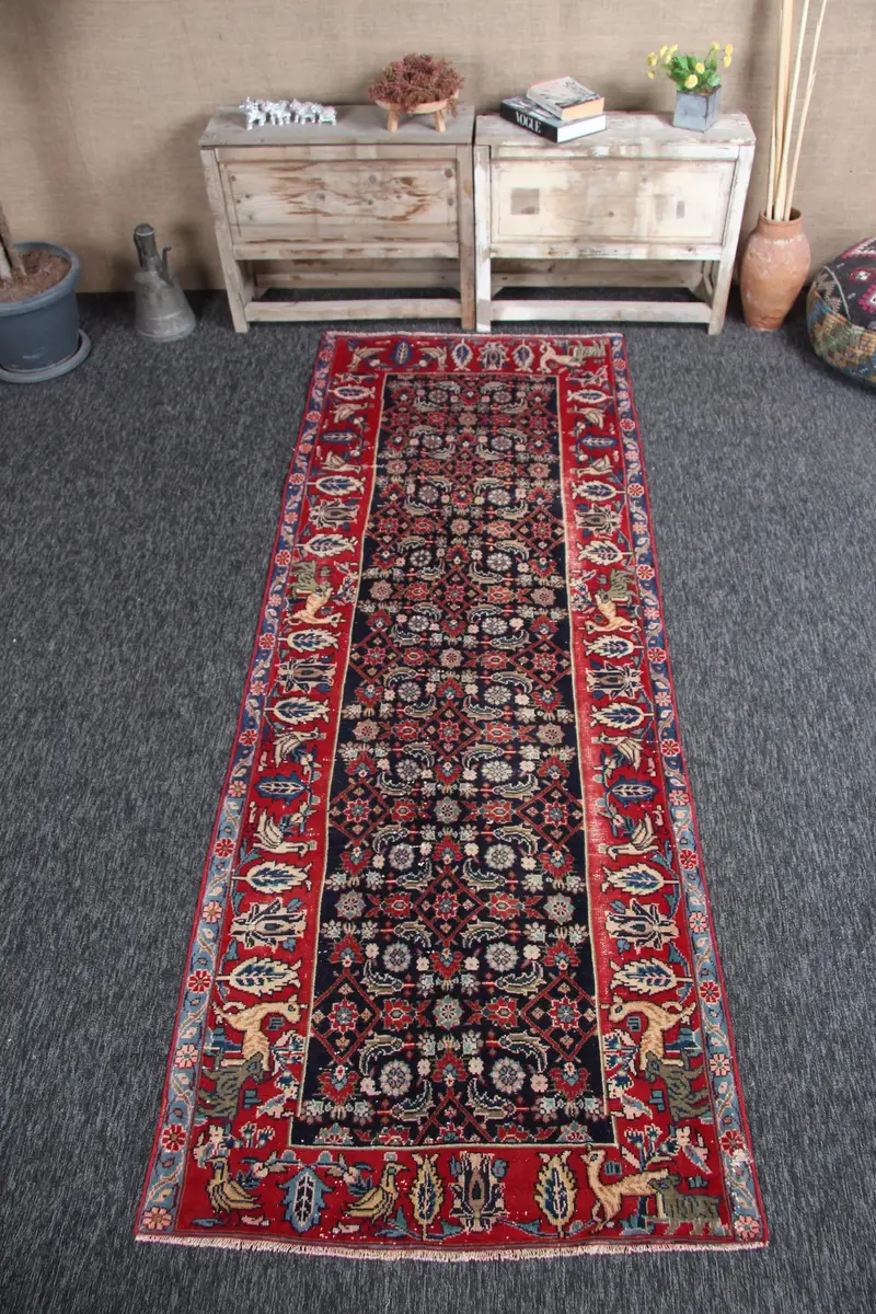 Vintage Türk Halısı, 3.3x8.8 ft Oushak Halı, Kırmızı Mavi Çiçekli Yün Halı - 1