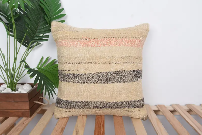 Cushion Cover, Kilim Pillow Cover, Pillow for Couch, Vintage Kilim Pillow, Outdoor Throw Cushion Cover, 20x20 Beige Cushion Case - 1