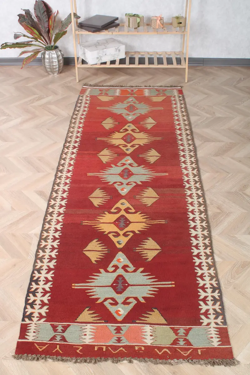 Vintage Türk Yolluk Halısı 3.1x9.3 ft, Kırmızı Gri Kamuflaj Yün Halı - 1