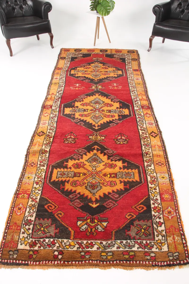 3.6x10.5 ft Vintage Rug, Turkish Runner Rug, Red Abstract Wool Rug - 1