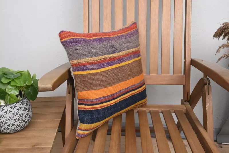 Handwoven Pillow Sham, Turkish Kilim Pillow, Boho Pillow Sham Cover, 16x16 Orange Pillow Case, Cushion Cover, Ethnical Kilim Rug Pillow - 2