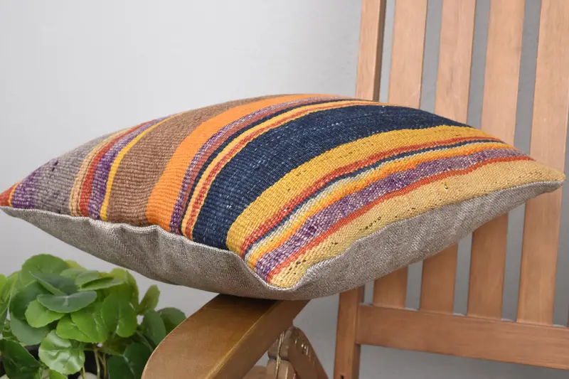 Handwoven Pillow Sham, Turkish Kilim Pillow, Boho Pillow Sham Cover, 16x16 Orange Pillow Case, Cushion Cover, Ethnical Kilim Rug Pillow - 6
