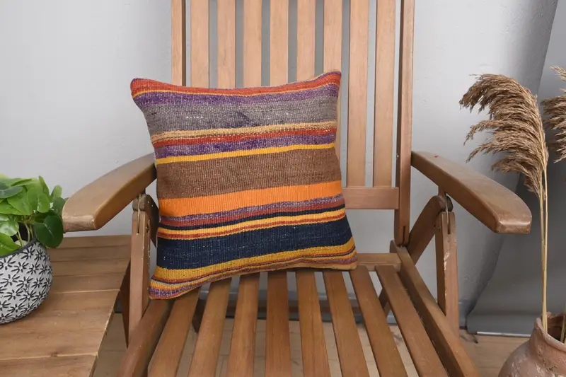 Handwoven Pillow Sham, Turkish Kilim Pillow, Boho Pillow Sham Cover, 16x16 Orange Pillow Case, Cushion Cover, Ethnical Kilim Rug Pillow - 1