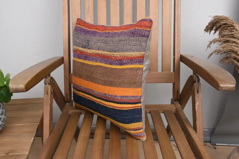 Handwoven Pillow Sham, Turkish Kilim Pillow, Boho Pillow Sham Cover, 16x16 Orange Pillow Case, Cushion Cover, Ethnical Kilim Rug Pillow - 3