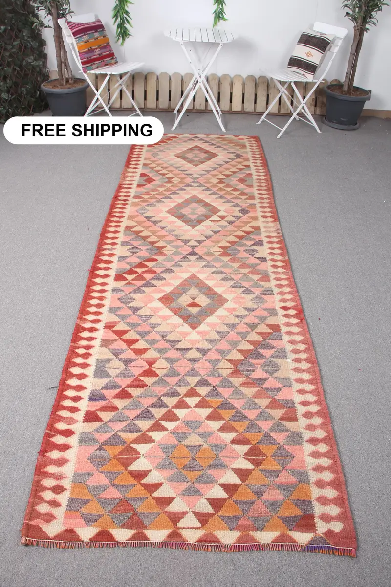 Pink, Purple Southwestern Rug, 3,2x10,5 ft Chic Decor