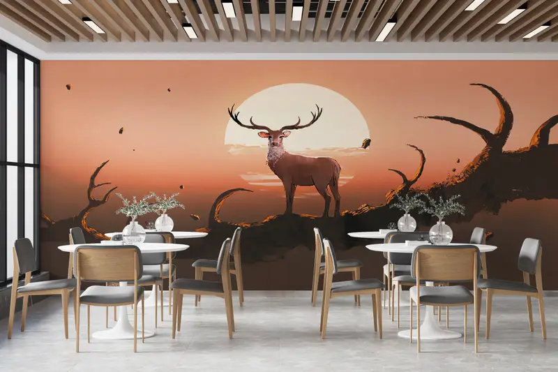 Moderne bedruckte Tapete: Sonnenuntergang, Hirsch, Wildtiere, Berglandschaft