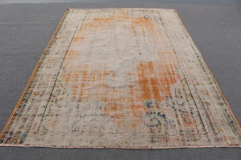 Vintage Halı, Büyük 6.46x9.5 ft Türk Halısı, Turuncu Beyaz Çiçekli Yün Halı - 1