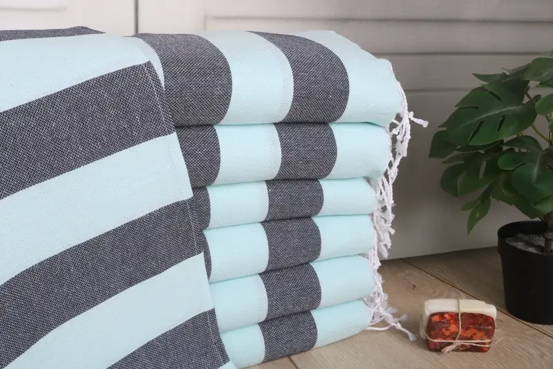 Mint-Navy Blue Cotton Hand Towel, Striped Dish Towel, 18x40 Inches