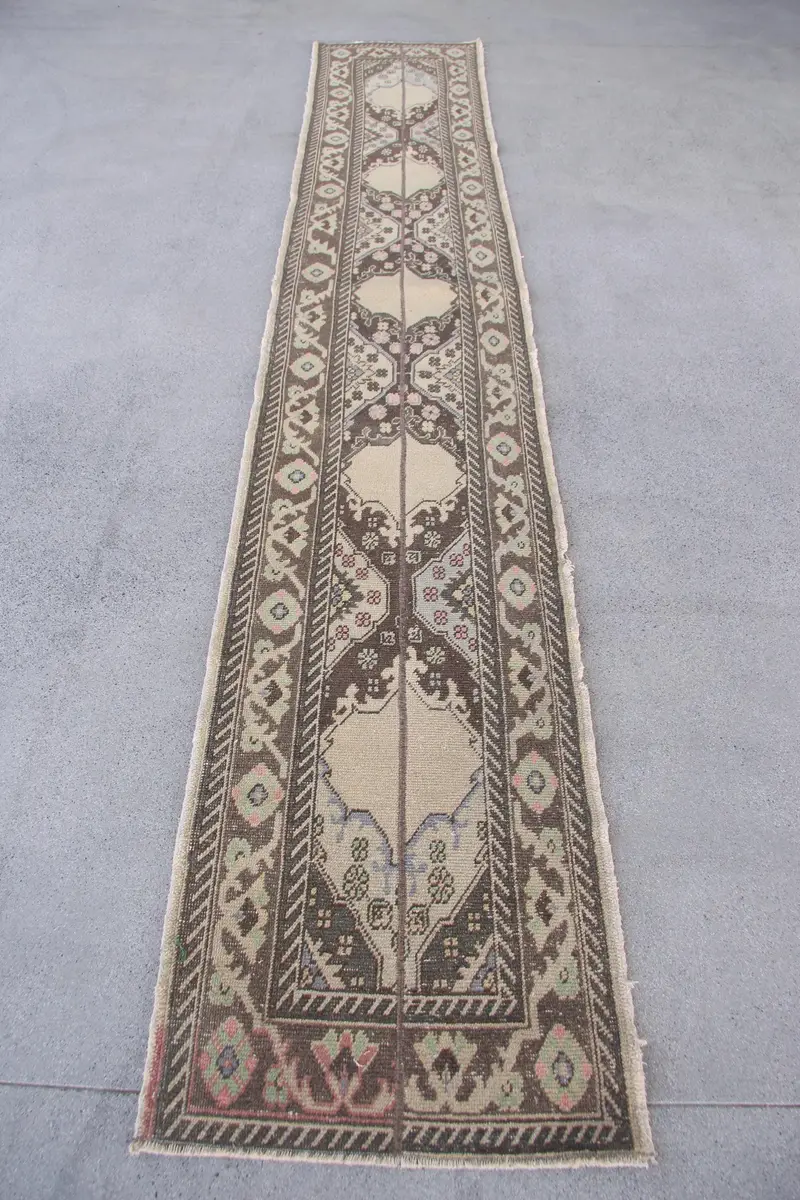 Brown & Gray Rug, 2,2x12,6 ft Plant & Tree Pattern