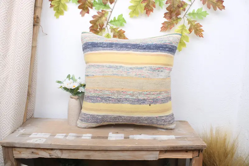 18x18 Yellow Cushion Case, Kilim Pillow, Turkish Kilim Pillow, Outdoor Throw Cushion, Customized Pillow Case, Pillow Cover, Pillow for Couch - 1