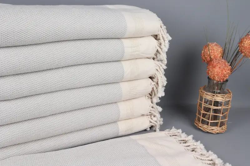 Beach Towel Monogrammed Turkish Cotton Light Gray Striped, 40x67 Inches