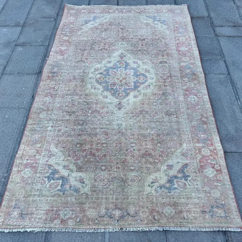 4.1x6.8 ft Vintage Rug, Area Turkish Rug, Blue Abstract Rug - 1