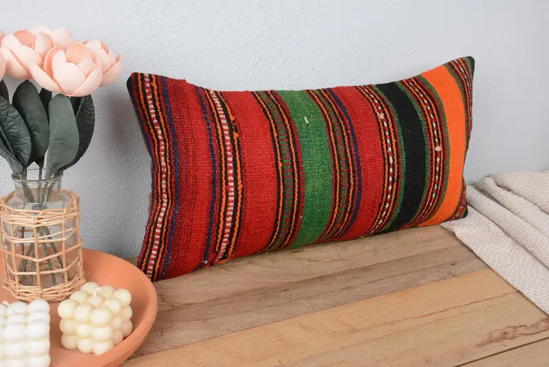 Orange & grün gestreiftes Kissen, 12x24 handgemachtes Wurfkissen