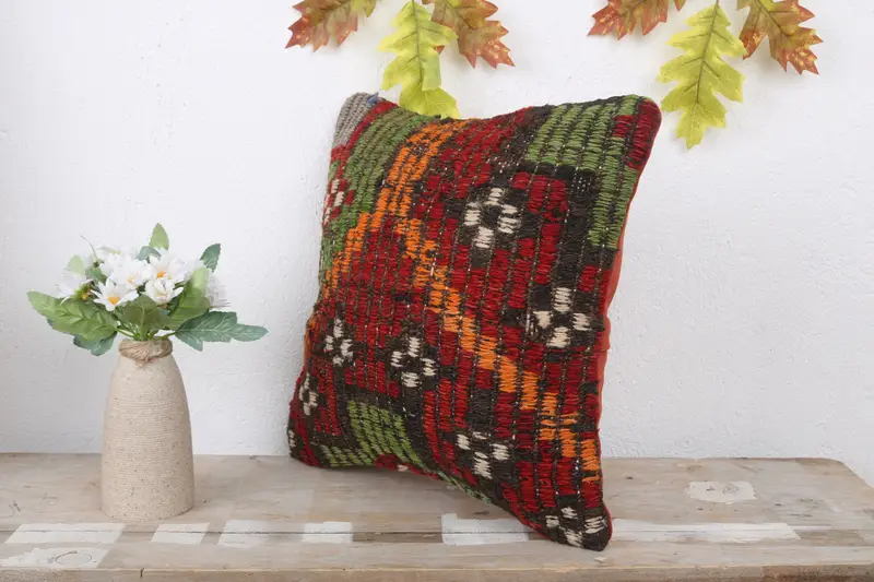 Hippie Throw Pillow Sham, Authentic Pillow, Pillow Sham, Kilim Pillow, 14x14 Red Pillow, Home Decor Pillow, Accent Pillow Sham, Throw Kilim Pillow - 4