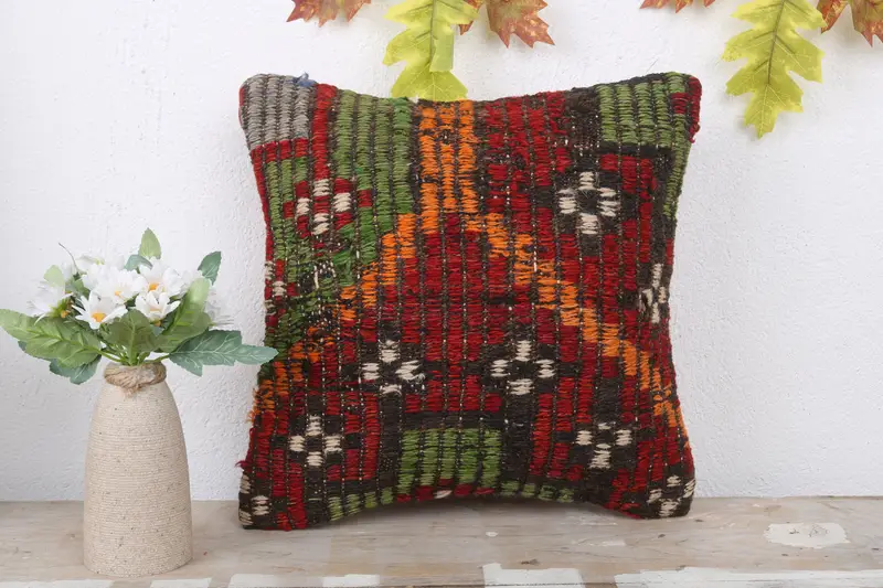 Hippie Throw Pillow Sham, Authentic Pillow, Pillow Sham, Kilim Pillow, 14x14 Red Pillow, Home Decor Pillow, Accent Pillow Sham, Throw Kilim Pillow - 2