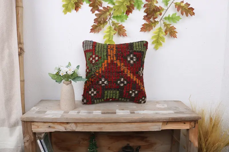 Hippie Throw Pillow Sham, Authentic Pillow, Pillow Sham, Kilim Pillow, 14x14 Red Pillow, Home Decor Pillow, Accent Pillow Sham, Throw Kilim Pillow - 1