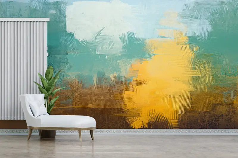 モダンな抽象プリント壁紙: カラフルなグリーン & イエローのオイル デザイン