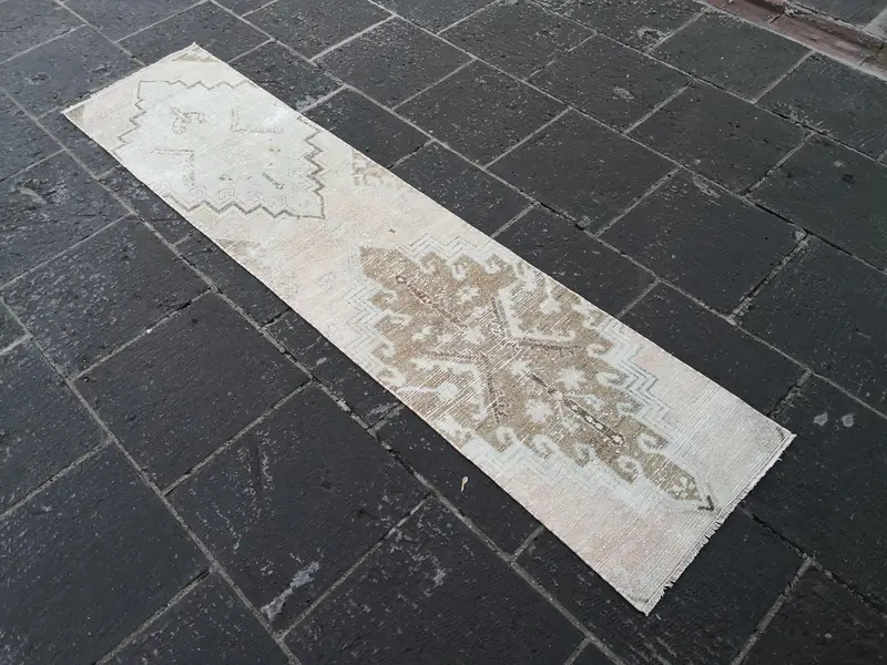 Turkish Runner Rug, 1.7x7.4 ft Vintage Rug, White Patchwork Wool Rug - 1