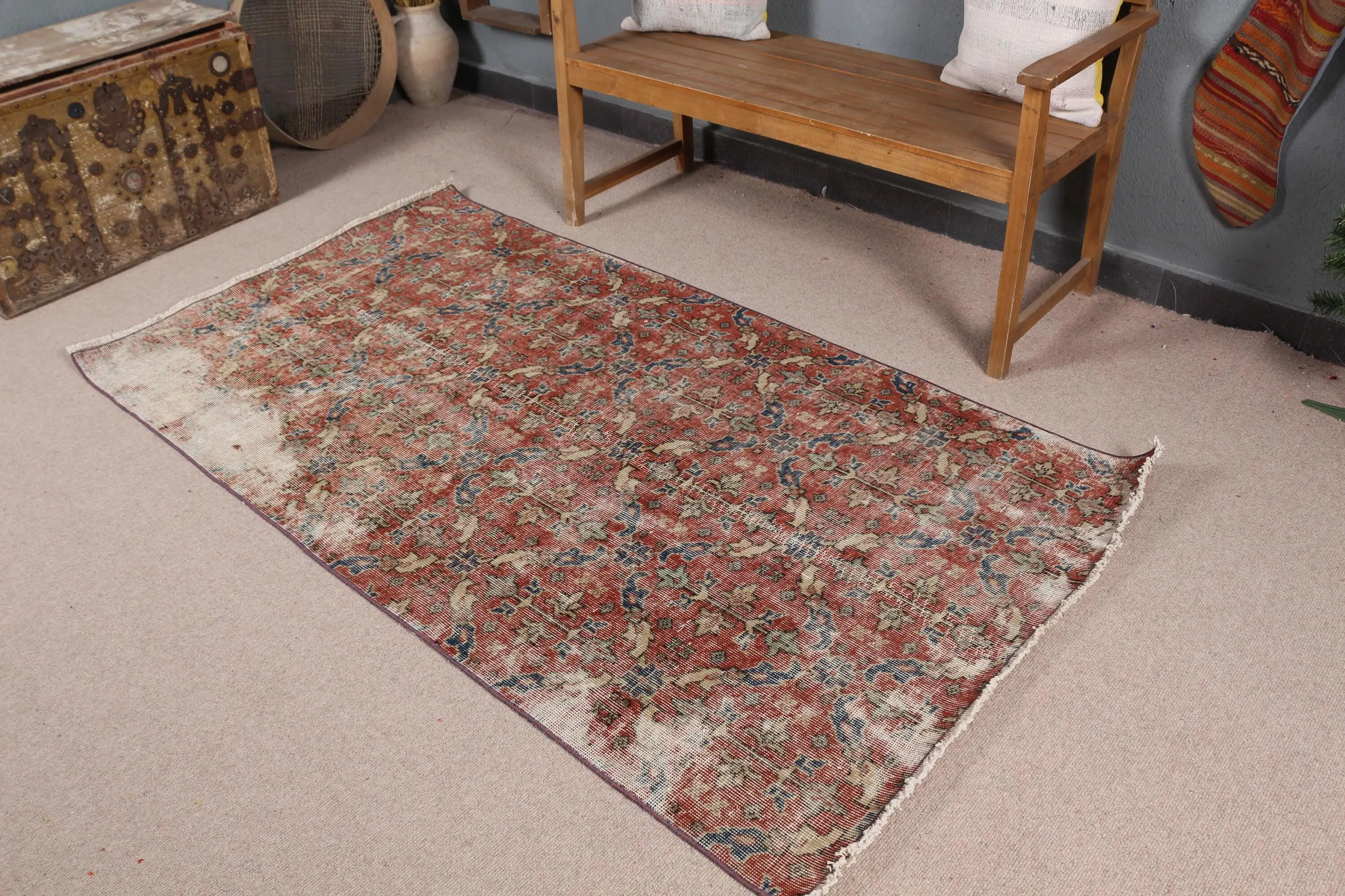 3.7x6.7 ft Vintage Rug, Turkish Area Rug, Red Blue Floral Rug - 1