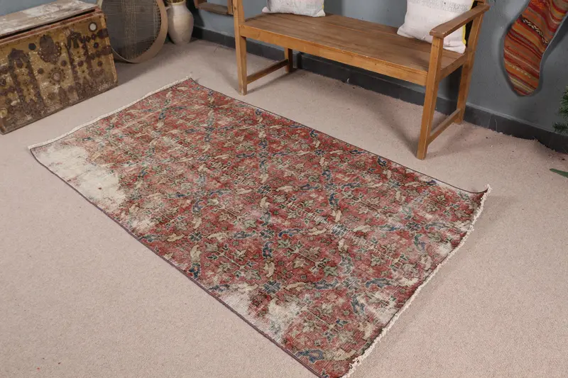 Kırmızı ve Mavi Çiçekli Halı, 3,7x6,7 ft Zarif Dekor