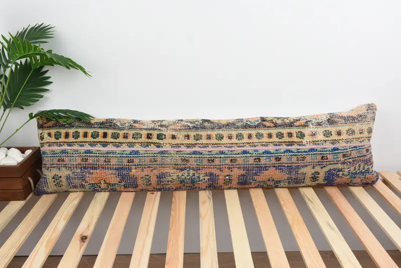 12x48 Blue Pillow Sham, Aztec Cushion Cover, Outdoor Bolster Cushion, Ethnical Kilim Rug Pillow, Vintage Pillow, Throw Kilim Pillow, Cushion - 1