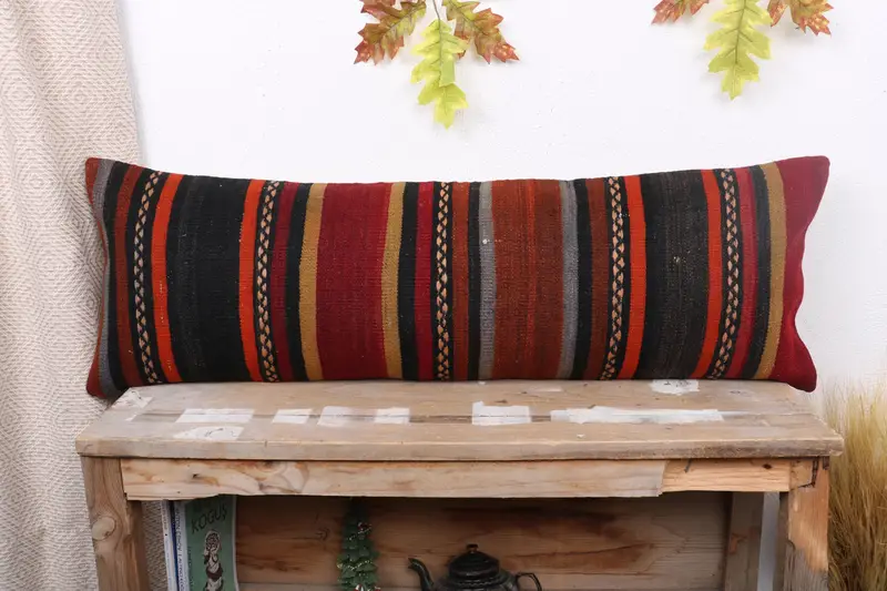 Boho Pillow, Ethnical Kilim Rug Pillow, Vintage Kilim Pillow Cushion, 12x36 Red Pillow, Decorative Throw Cushion, Cushion, Antique Pillows - 1