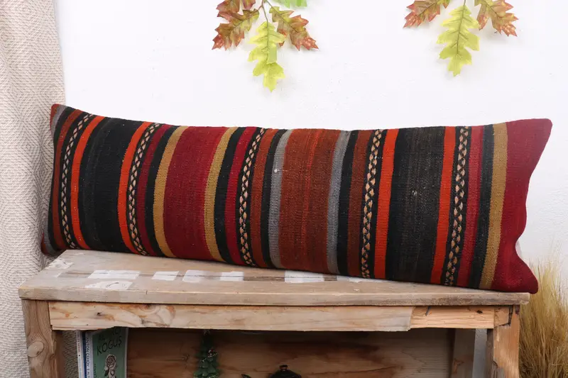 Boho Pillow, Ethnical Kilim Rug Pillow, Vintage Kilim Pillow Cushion, 12x36 Red Pillow, Decorative Throw Cushion, Cushion, Antique Pillows - 4