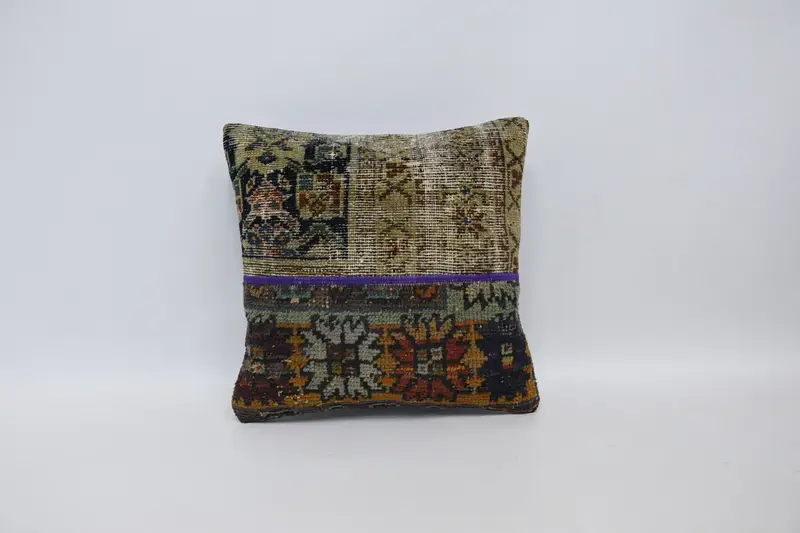Beige Turkish Antique Pillow Sham, 16x16 inch Birthday Gift Square Cushion Cover - 1