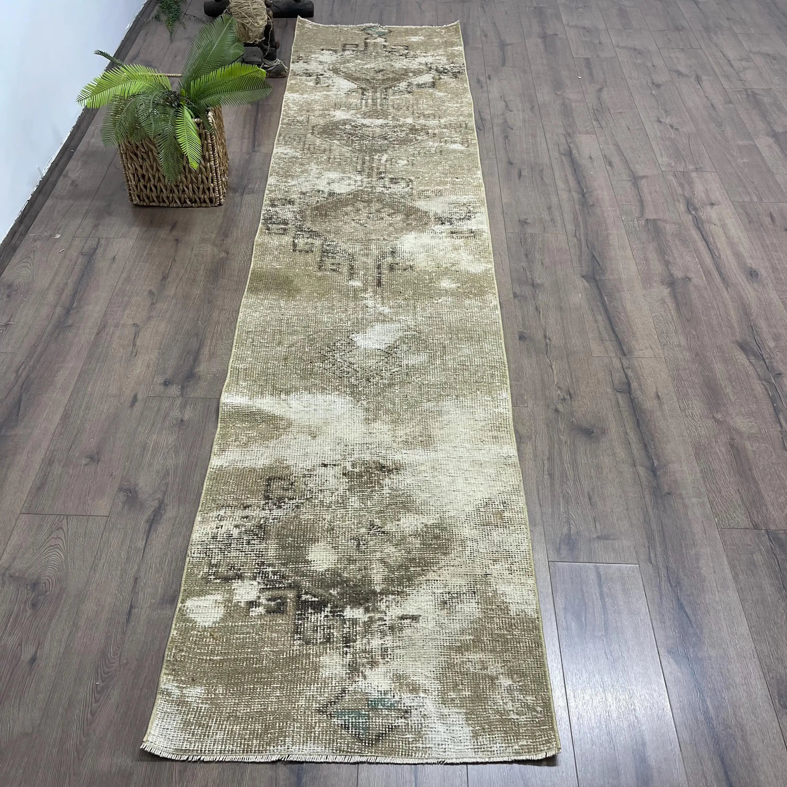 Turkish Rug 2.4x10.4 ft, Gray White Floral Wool Vintage Rug - 1