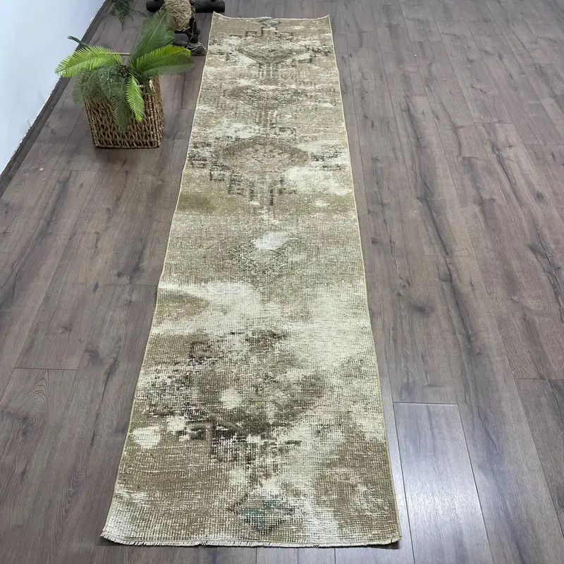 Elegant Beige Rug, 2.4x10.4 ft Floral & Geometric Pattern