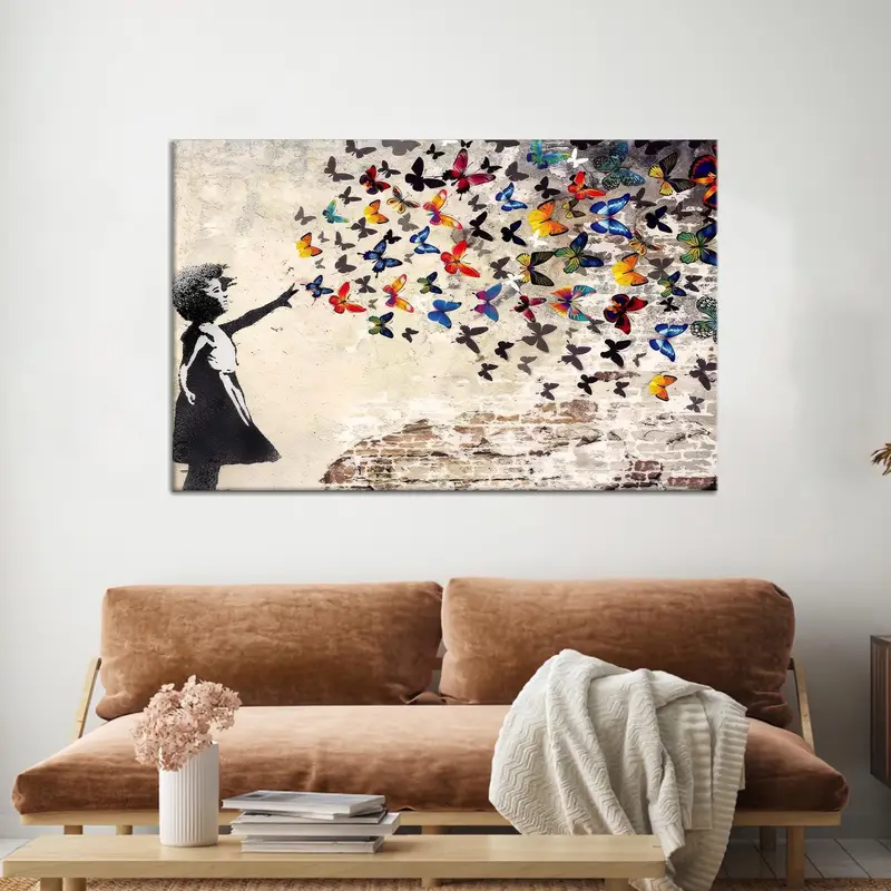 Moderne Banksy-Mädchen-Schmetterlingsleinwand: Verträumter Raum-Kunstdruck