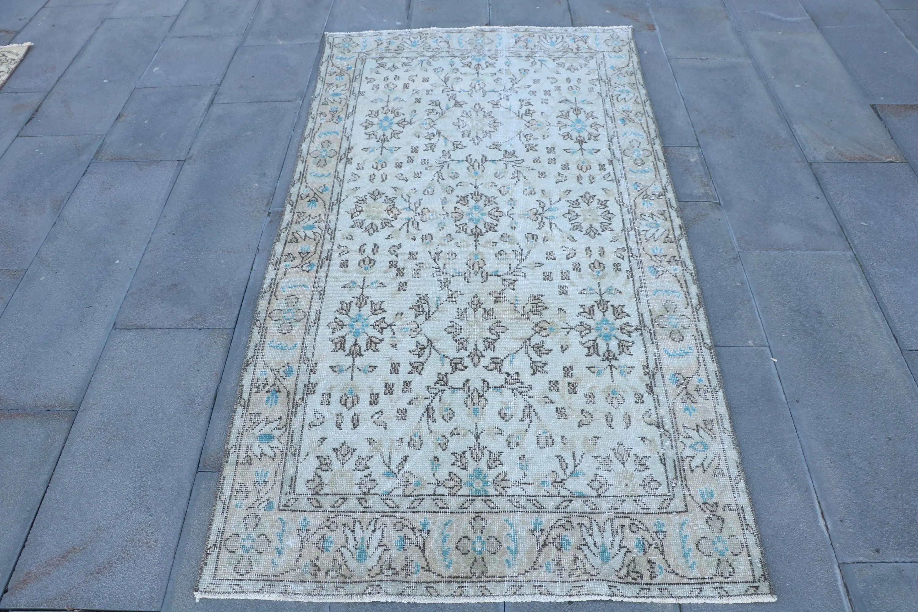 Turkish 3.4x6.7 ft Rug, Accent Vintage Rug, Blue Check Wool Rug - 1