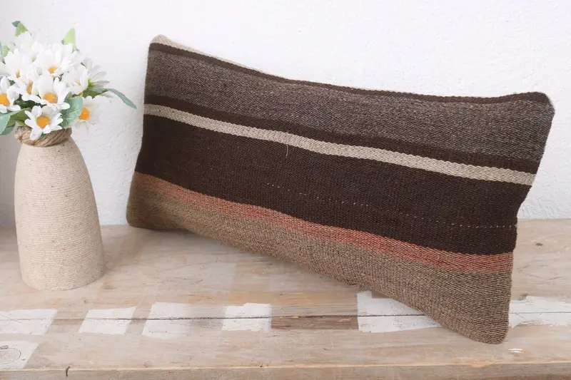 Kilim Pillow, Knitted Cushion Cover, Handmade Kilim Cushion, Vintage Pillow, Outdoor Patio Cushion Case, 8x16 Brown Pillow Case, Pillow Sham - 4